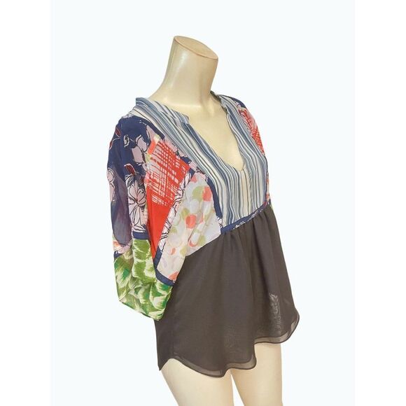 Anthropologie One September Floral Stripe Blouse Blue Multi Tie Back Top Small - Picture 2 of 5